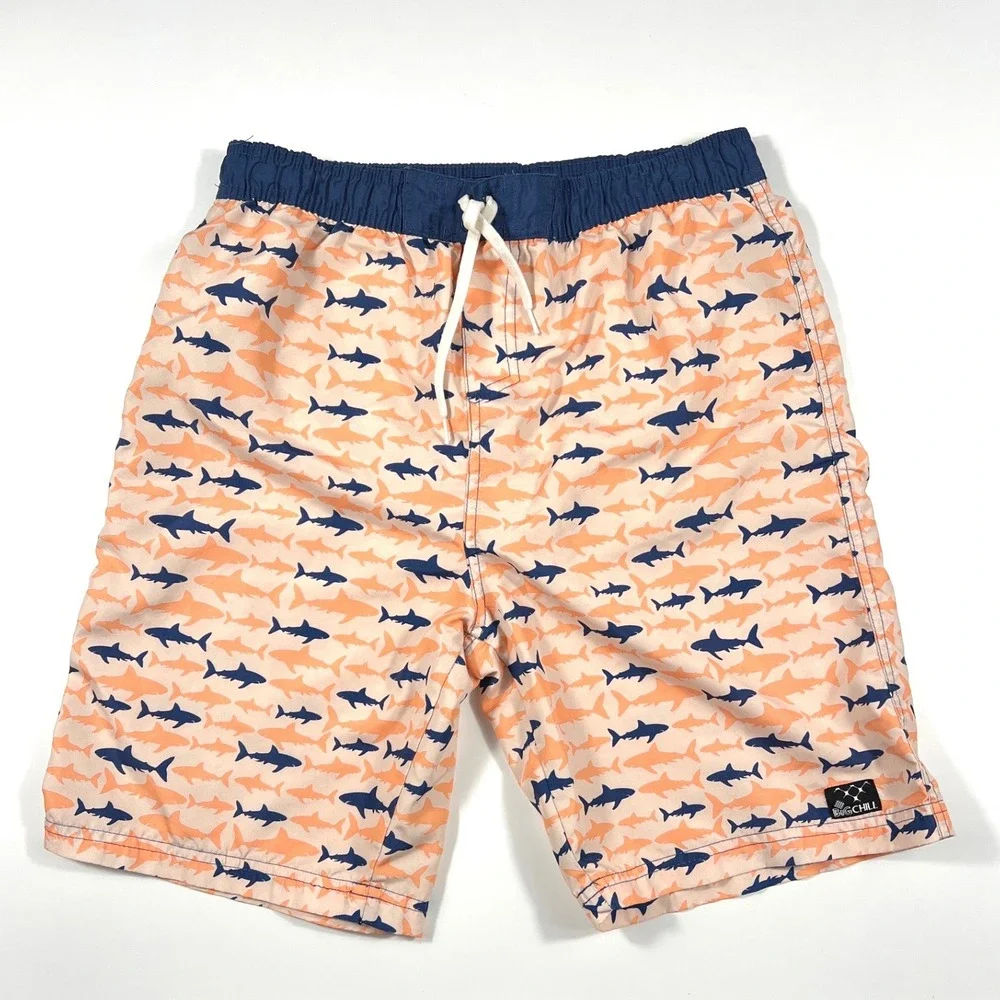 Big Chill Boys Shark Print Swim Trunks Peach Navy XL 14-16 Beach Summer Vacation